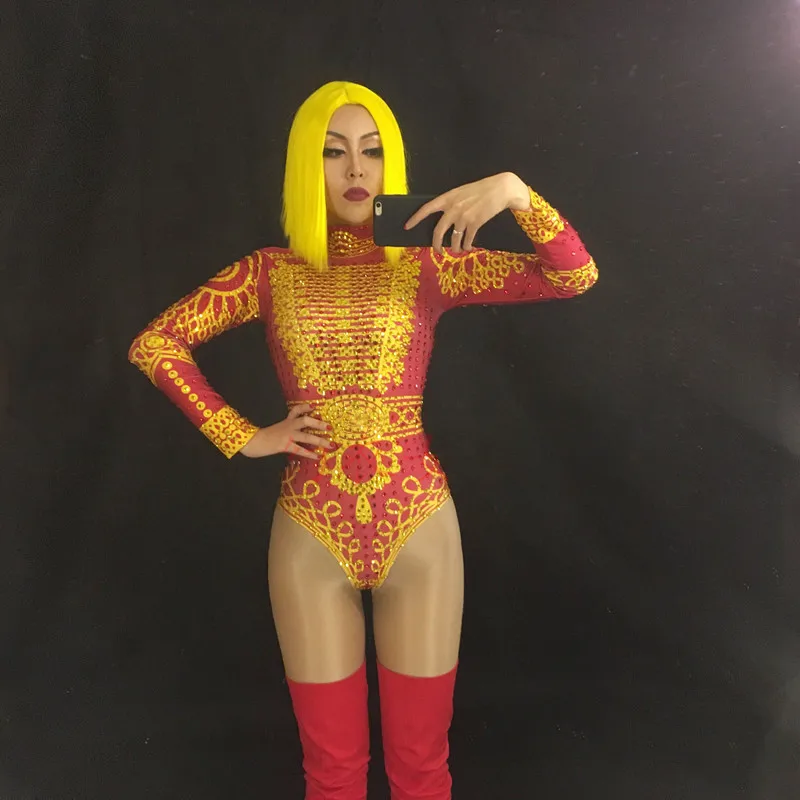 

F53 Pole dancer jumpsuit sexy female bodysuit red gold outfit Full Diamond prom stage wears ballroom dance costumes singer perfo