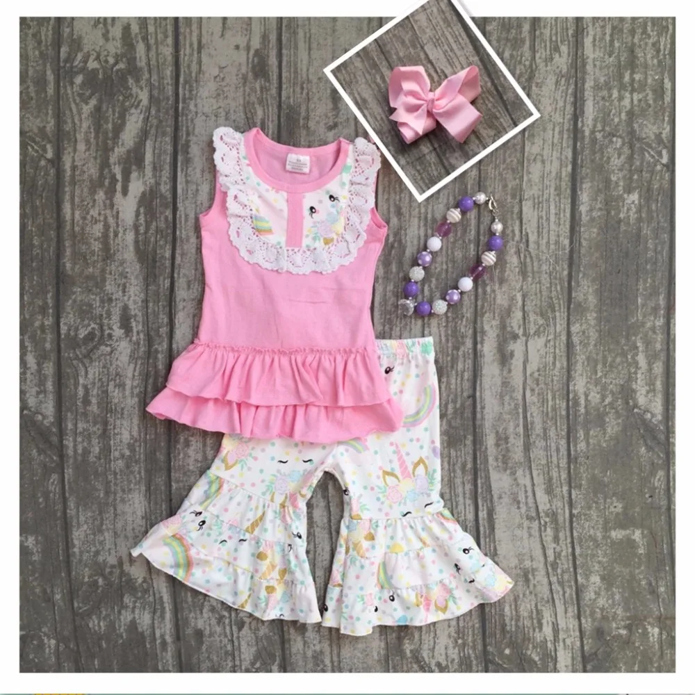 

baby girls cotton Spring Summer boutique clothing children girls pink top with unicorn capri ruffle pants with accessories