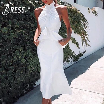 

INDRESSME 2019 Vestidos New Women Sexy Fashion Halter Hollow Out Sleeveless Backless Ruched Bodycon Dress Party Club Midi Dress