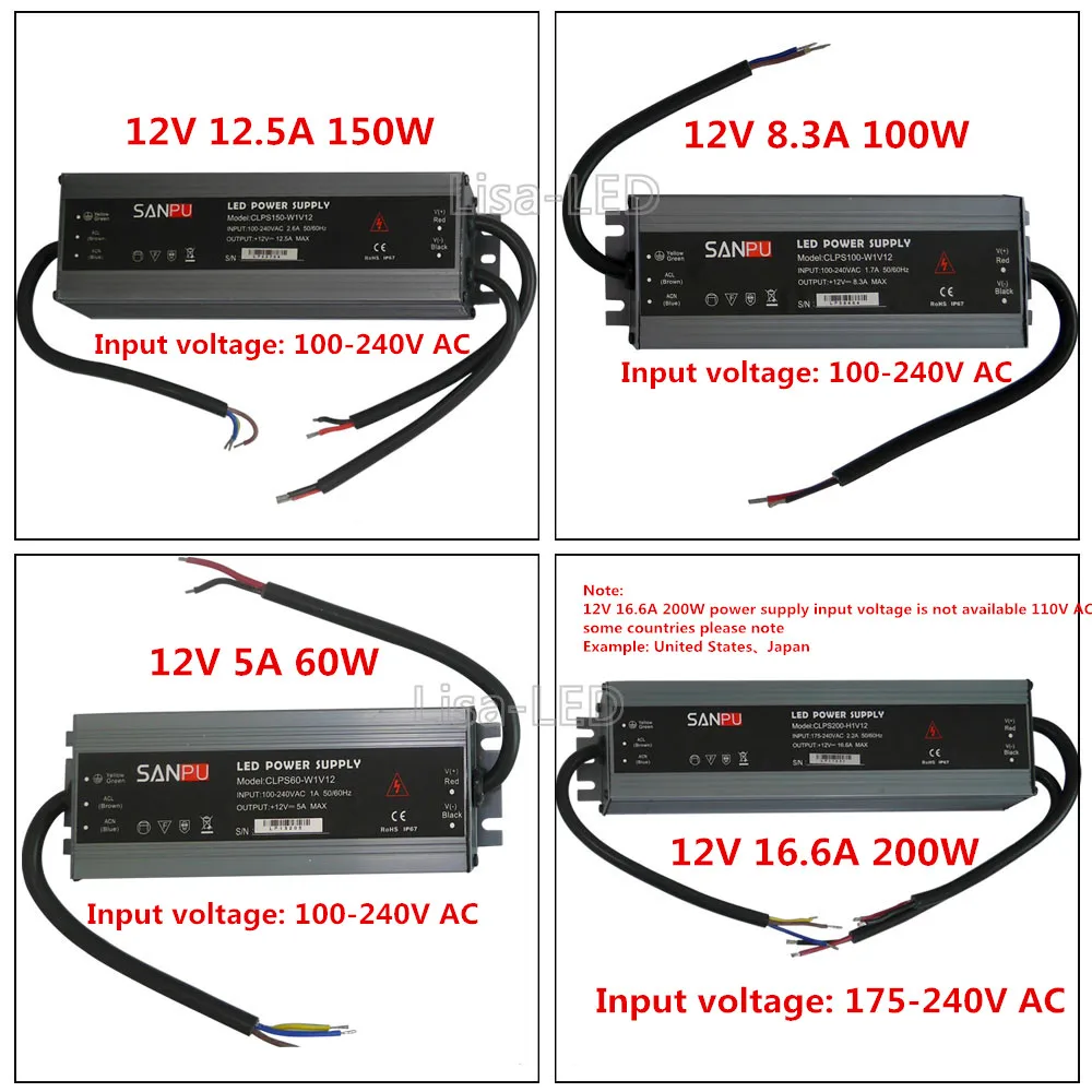 Светодиодный качество IP67 ультра-тонкий водонепроницаемый светодиодный индикатор питания 12/24 V постоянного тока 60 W/100 W/150 W/200 W, 2A 4A 5A 6A 8A 12A 16A