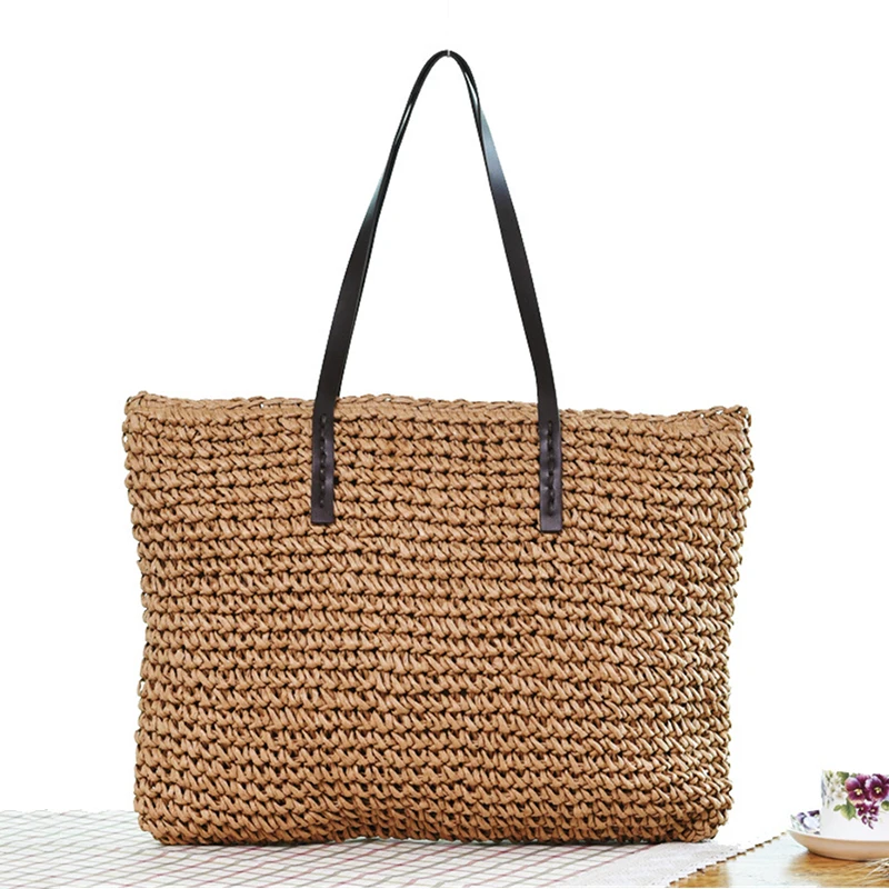 Bolso de playa de verano para mujer, bolso de ratán tejido hecho a mano, paja de gran capacidad, bolso de hombro de cuero para mujer, nuevo bohemio