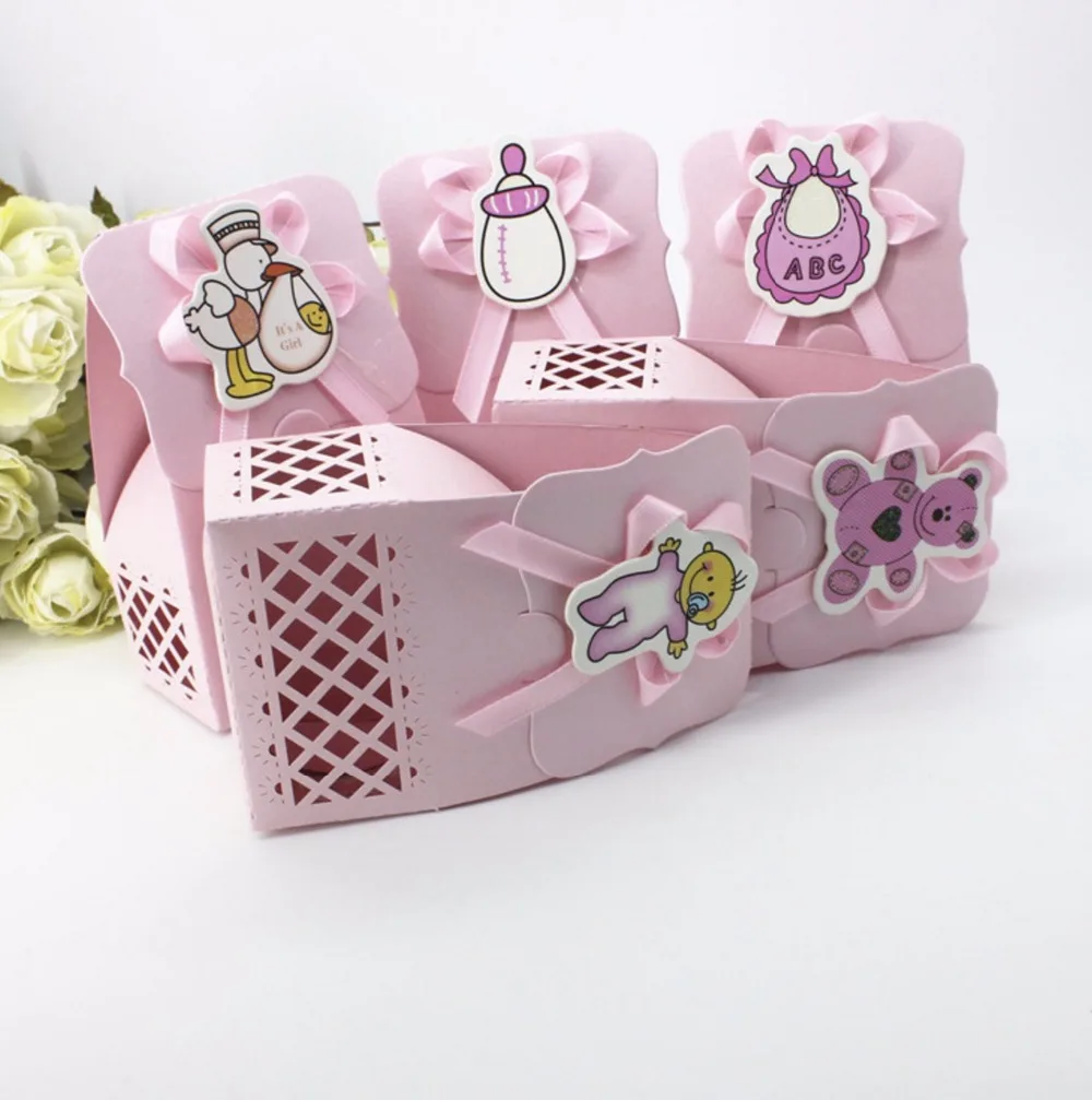 12pcs pink Laser cut baby girl Candy Box Bib milk bottle bear DIY