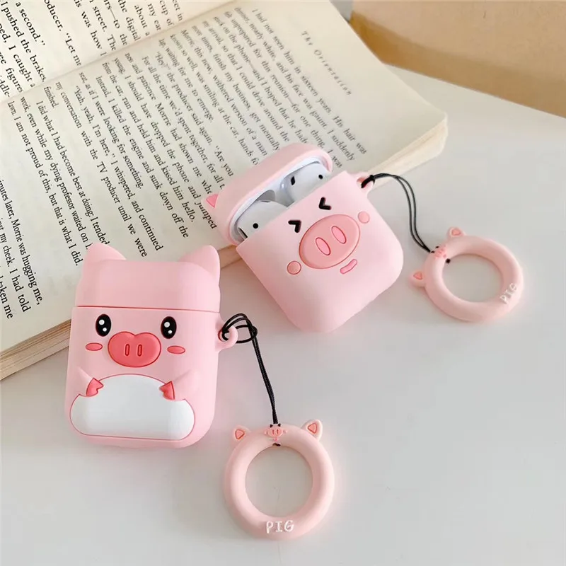 For AirPods Case Cute Cartoon Pink Pig Girl Earphone Cases For Apple Airpods 2 Cover Funda with Finger Ring Strap