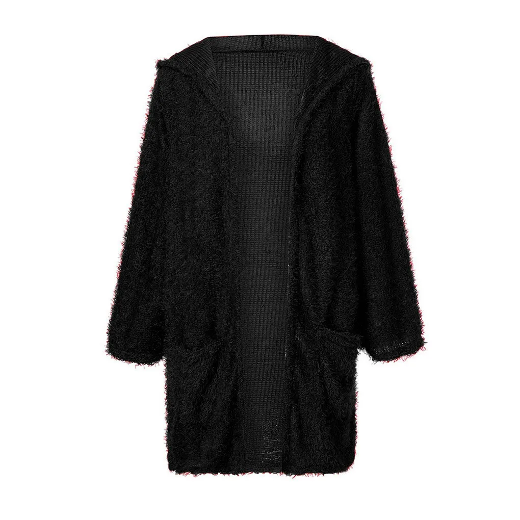 Женский осенне-зимний Harajuku Вязаный Кардиган с длинным рукавом, свободные свитера с карманами, Повседневная теплая верхняя одежда - Цвет: Черный