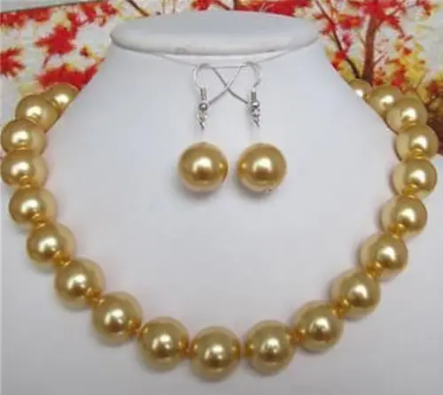 

12MM golden South Sea shell pearl necklace earrings 18"^^^@^Noble style Natural Fine jewe FREE SHIPPING