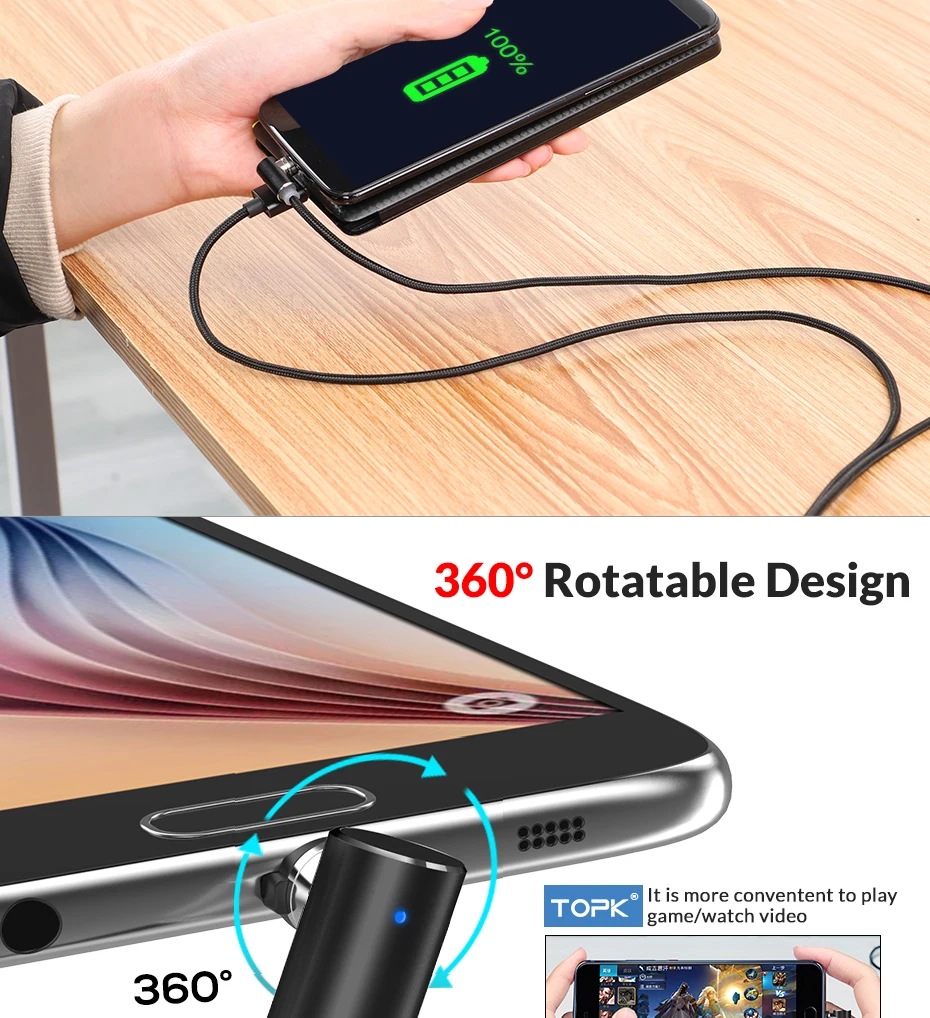 TOPK AM51 90 градусов светодиодный Micro USB кабель Магнитный зарядный кабель для iPhone samsung Xiaomi usb type C Магнитный зарядный кабель адаптер