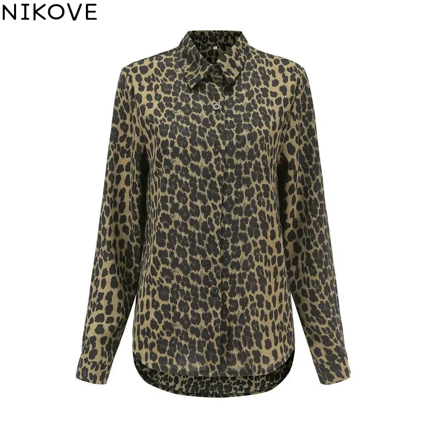 

NIKOVE 2019 Women's Fashion Leopard Top Loose Long Sleeve Shirt Turn-down Collar Autumn Tops Size S-XL