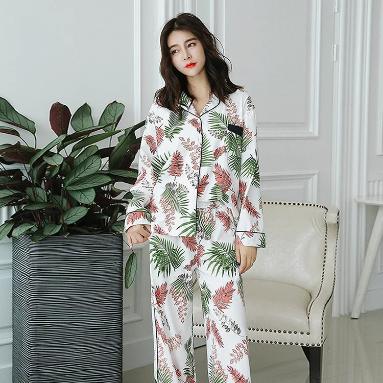 

Spring 100% Cotton Womens Pajamas Suit Female Leaves Long Sleeve Pijama Home Clothing Nightly Pyjamas Sleepwear Two Piece Set