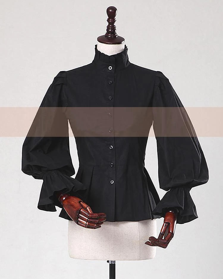 Весенне-летняя женская офисная блуза с рукавом-фонариком, винтажные готические хлопковые топы, Женские официальные повседневные черные рубашки - Цвет: Черный