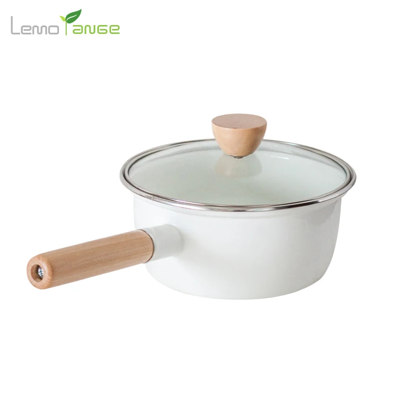 Ceramic Sauce Pan Lemorange 18cm Milk Egg Frying Pan Glass Cover Wood