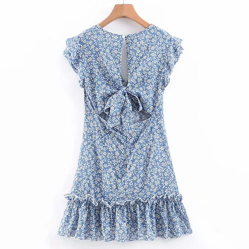 Lessverge, Синее Короткое платье с цветочным рисунком, повседневное, сексуальное, глубокий v-образный вырез, открытая спина, бант, хлопковое платье, плиссированное, летнее, Пляжное, мини-платье для женщин