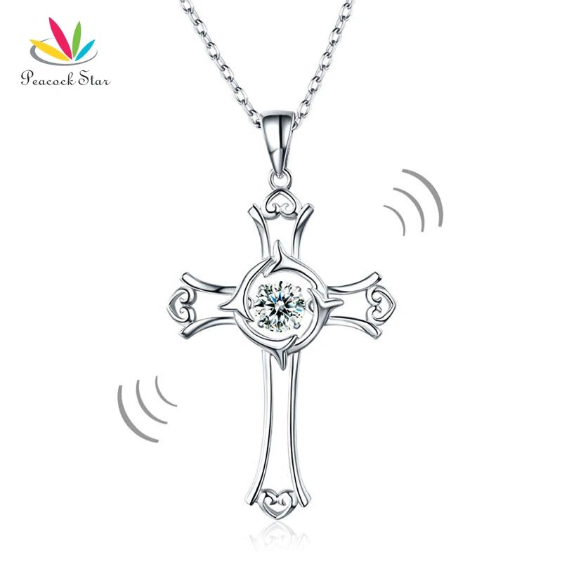 

Peacock Star Dancing Stone Heart Cross Pendant Necklace Solid 925 Sterling Silver 2017 New Style CFN8049