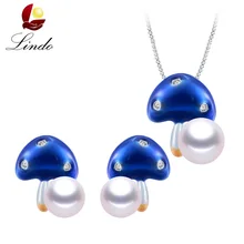 Для женщин милый чистый S925 Стерлинговое Серебряные комплекты ювелирных изделий Мода 5A натуральная пресноводная жемчужина, кулон в виде гриба+ серьги