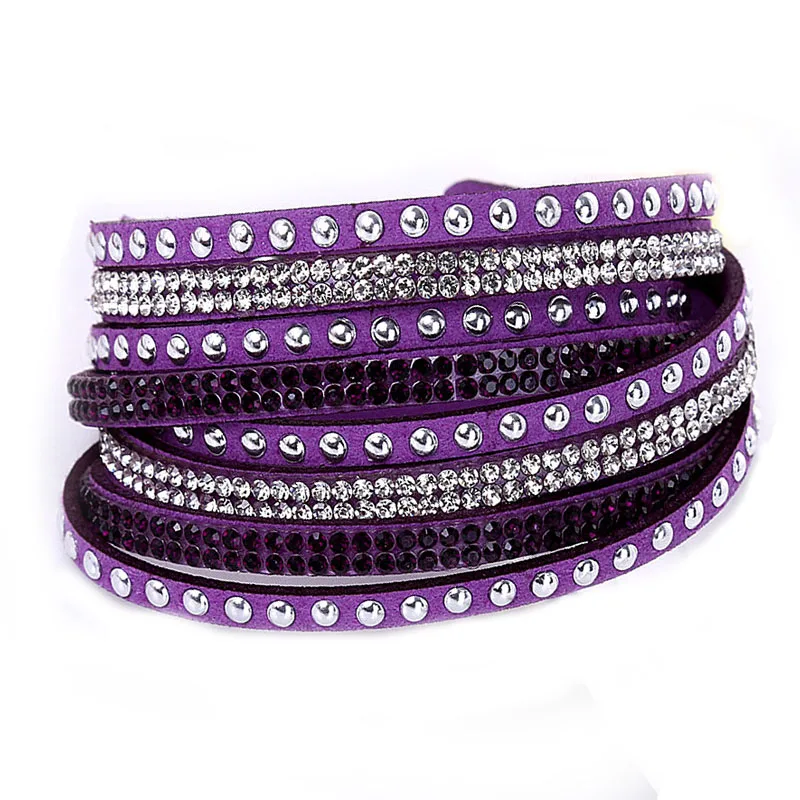 Новинка, 1 шт., стразы с кристаллами, кожаный браслет, браслет в стиле панк, Браслет-манжета на запястье, многослойный, горячая Распродажа - Окраска металла: Purple