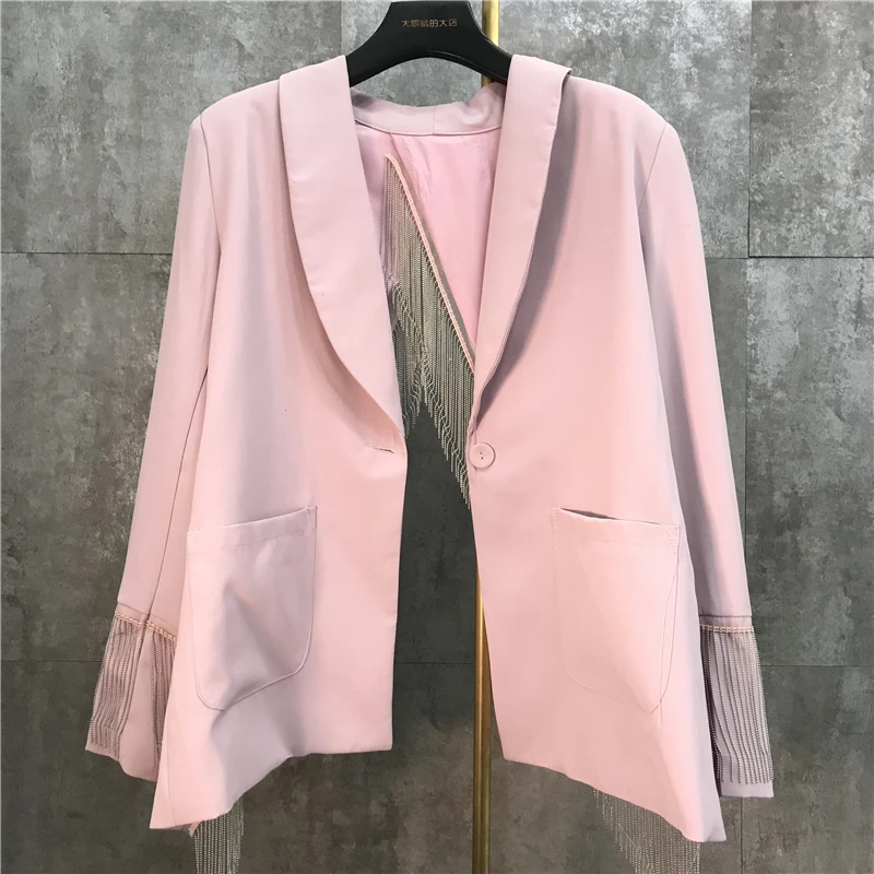 Женский розовый пиджак с металлической кисточкой и цепочкой, новинка весны