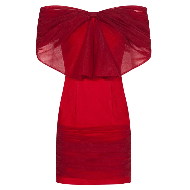 womens sexy clubwear open shoulders sexy red dress ruched butterfly bow draped mini summer dress elegant female dress