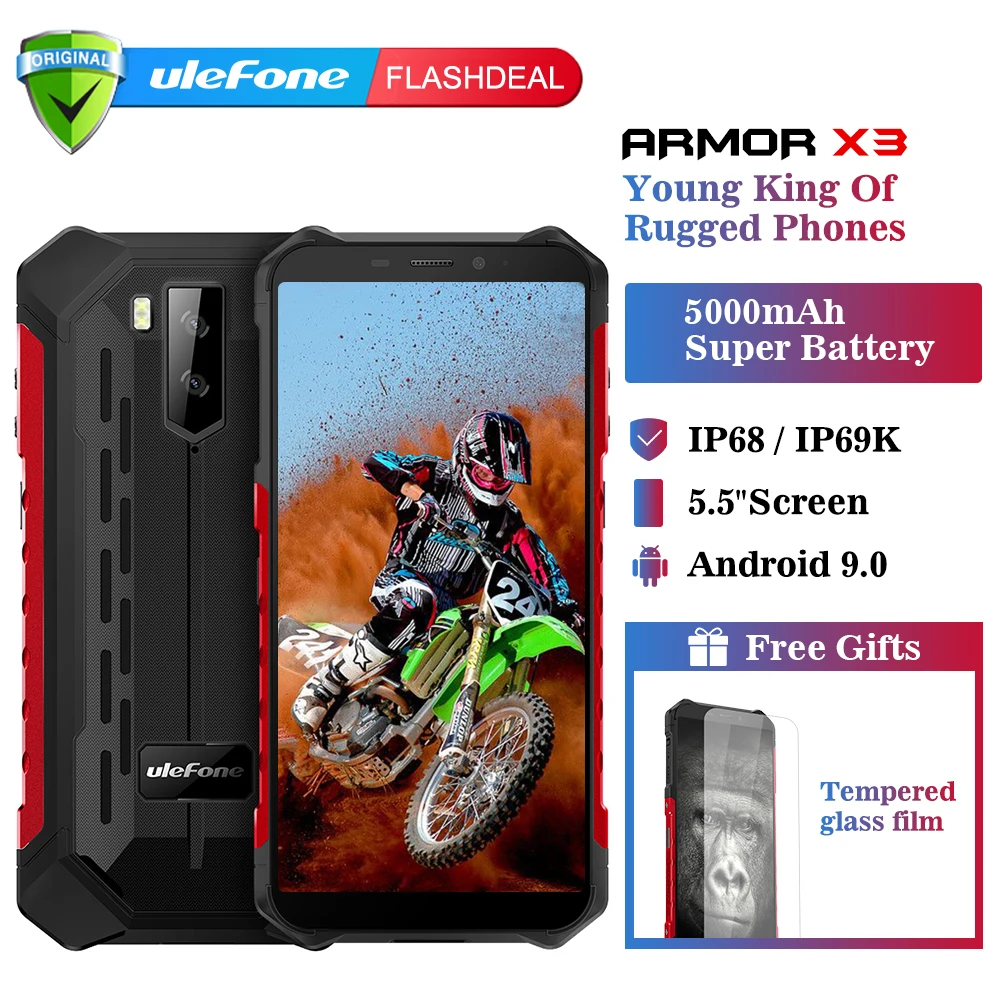 Ulefone Armor X3 Rugged phones  IP68/IP69K Waterproof  5.5 inch 2GB 32GB  8MP 5000mAh face ID Android 9.0 3G Dual SIM Smartphone
