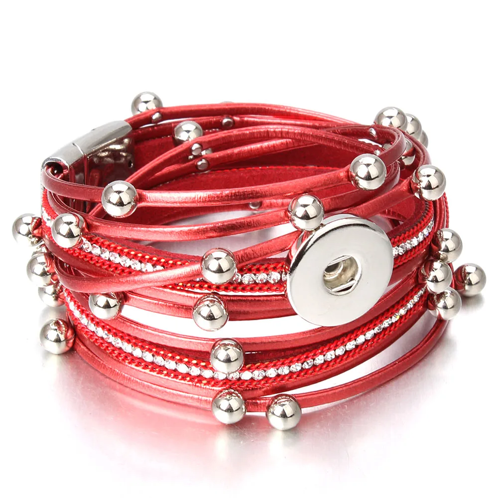 New Snaps Jewelry Vintage Crystal Leather 18mm Snap Button Bracelet Bangle Punk Multilayer Leather Bracelet Wrap Bracelets