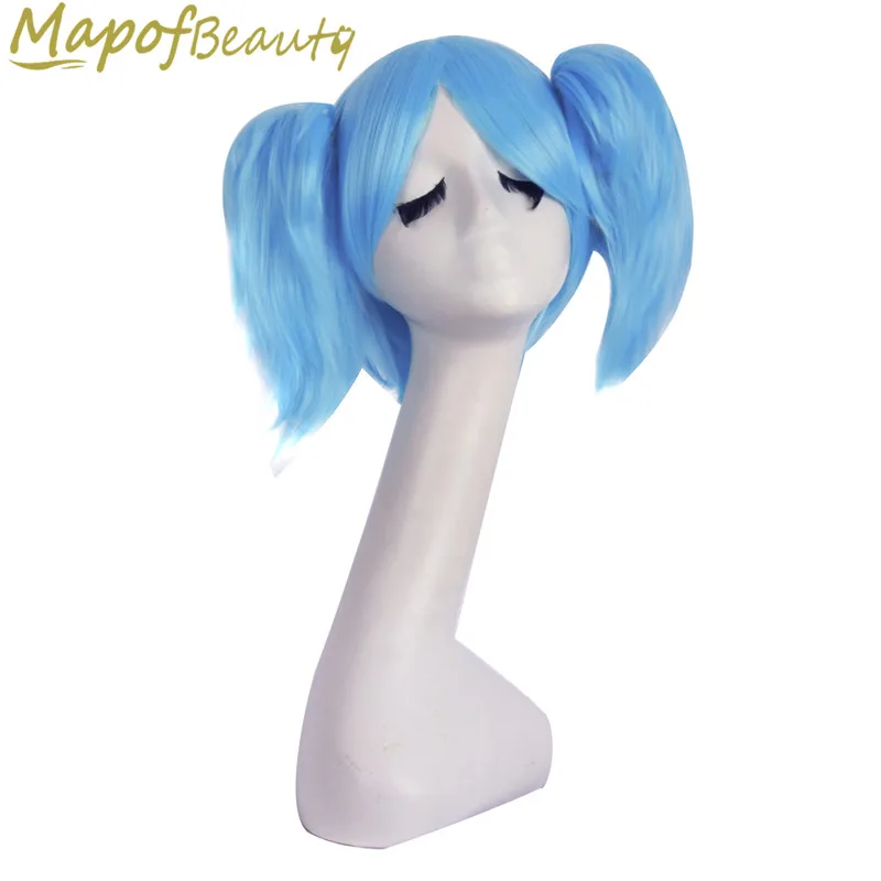

MapofBeauty 12" Sky Blue color Short straight cosplay Wigs two shape Claw ponytail wig Heat Resistant Synthetic femal hairpiece