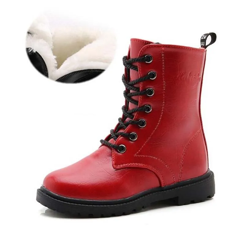 Детские ботинки высококачественные ботинки на шнуровке для мальчиков и девочек 2-14 лет, Осень-зима, модные ботинки для больших детей Размер 27-37 - Цвет: red cotton