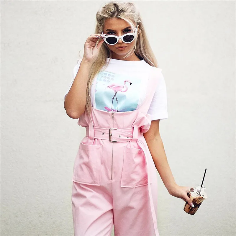 

Shoulder Strapes Zipper Pockets Wide Leg Pants Pink Solid Jumpsuit 2019 Autumn Winter New Arrivals Fashion Female Jumpsuit