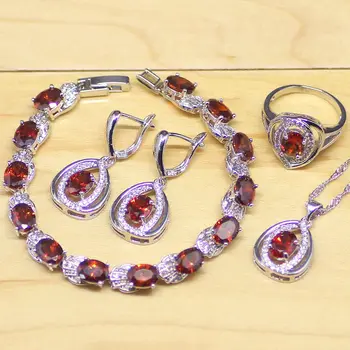 

Trendy Round Red Garnet White CZ 925 Sterling Silver Jewelry Sets Women Party Earrings/Pendant/Necklace/Rings/Bracelet T165