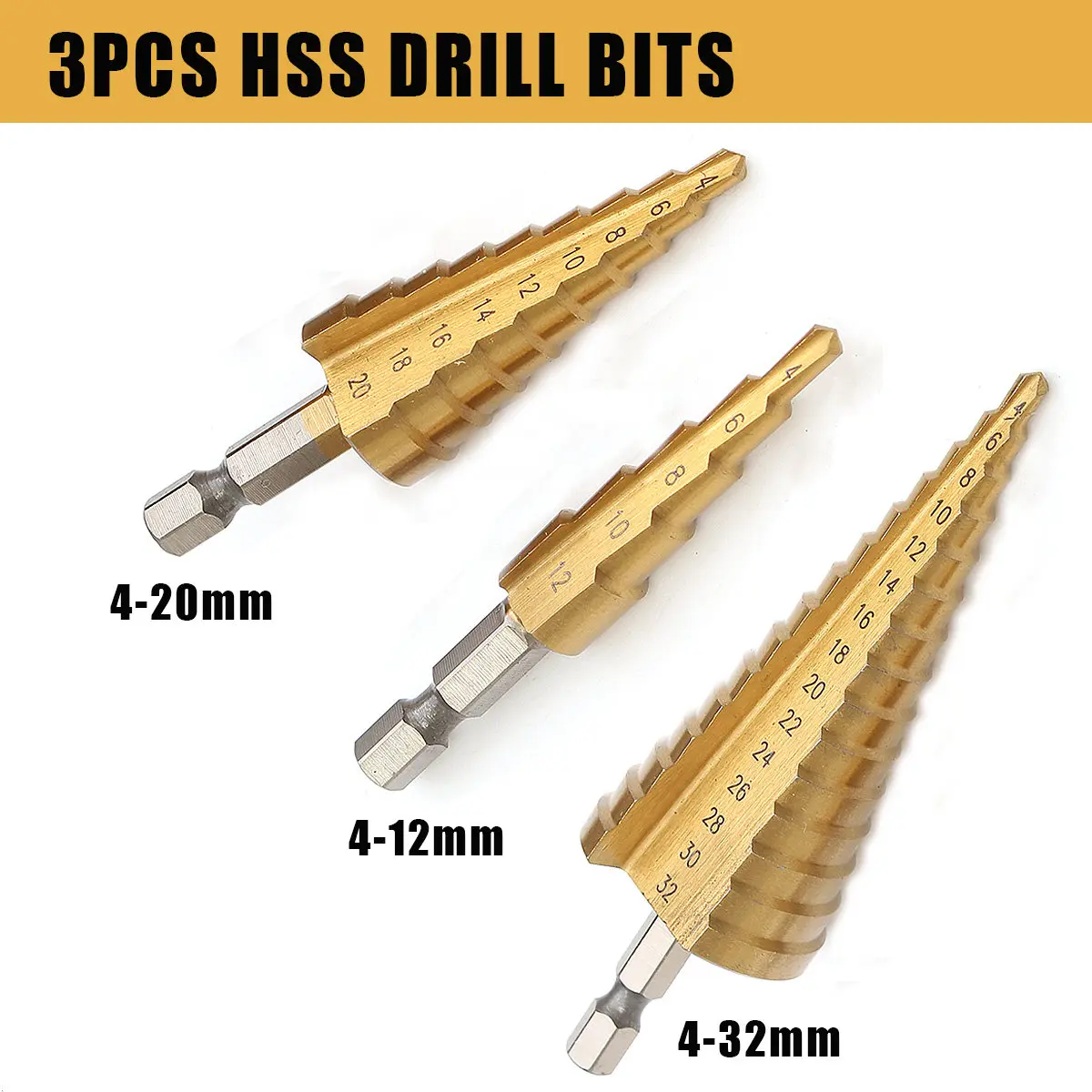 3 шт./компл. HSS Сталь сверло большой шаг конус шестигранный хвостовик с металлическим покрытием рифленая сверло из высокопрочной стали дыра резак 4-12/20/32 мм