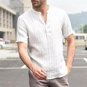 

Plus Size Men Linen Striped Fitness Shirts Summer Casual Slim Blouse Cotton Shirts Men Short Sleeve Shirt Camisa Hombre 2019 Top