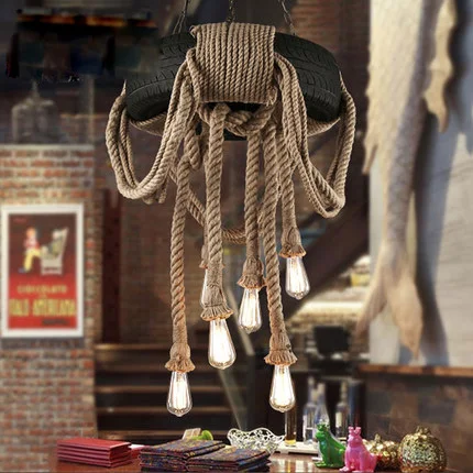 

Vintage American Country Hemp Rope Tire Pendant Lights Hanging Lamp Rubber Wheel Suspension for Home Bar Living Room Lighting