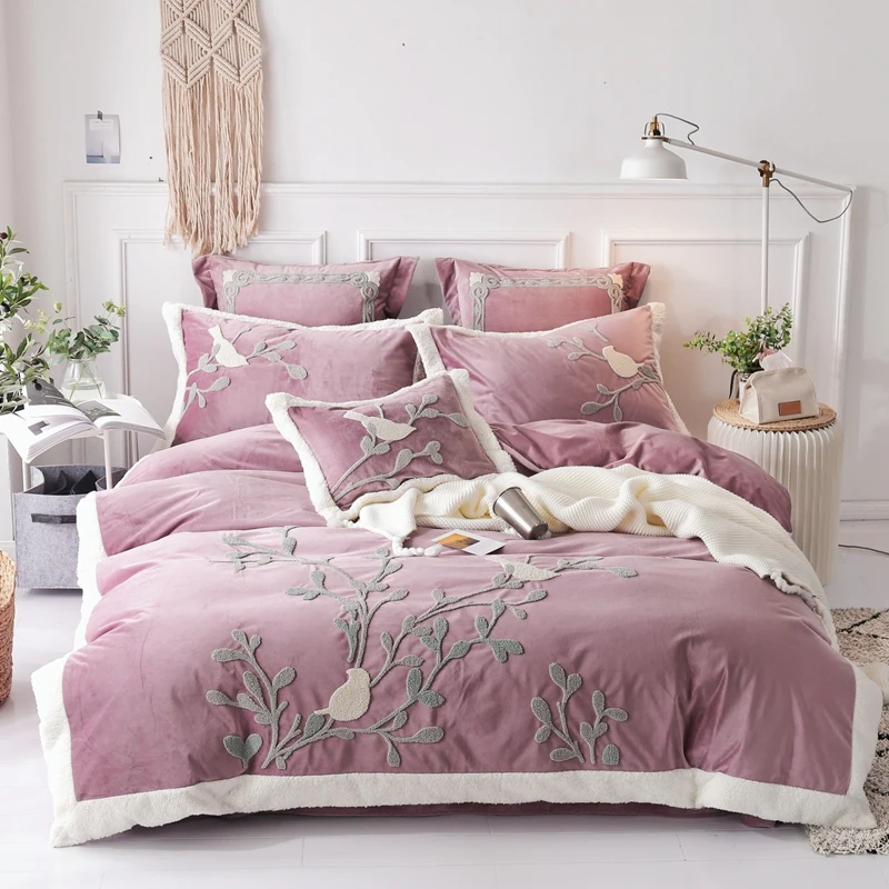 

4/7pcs Luxury Fleece fabric bedding sets birds embroidery bed set double queen king size duvet cover bed sheet set pillowcase