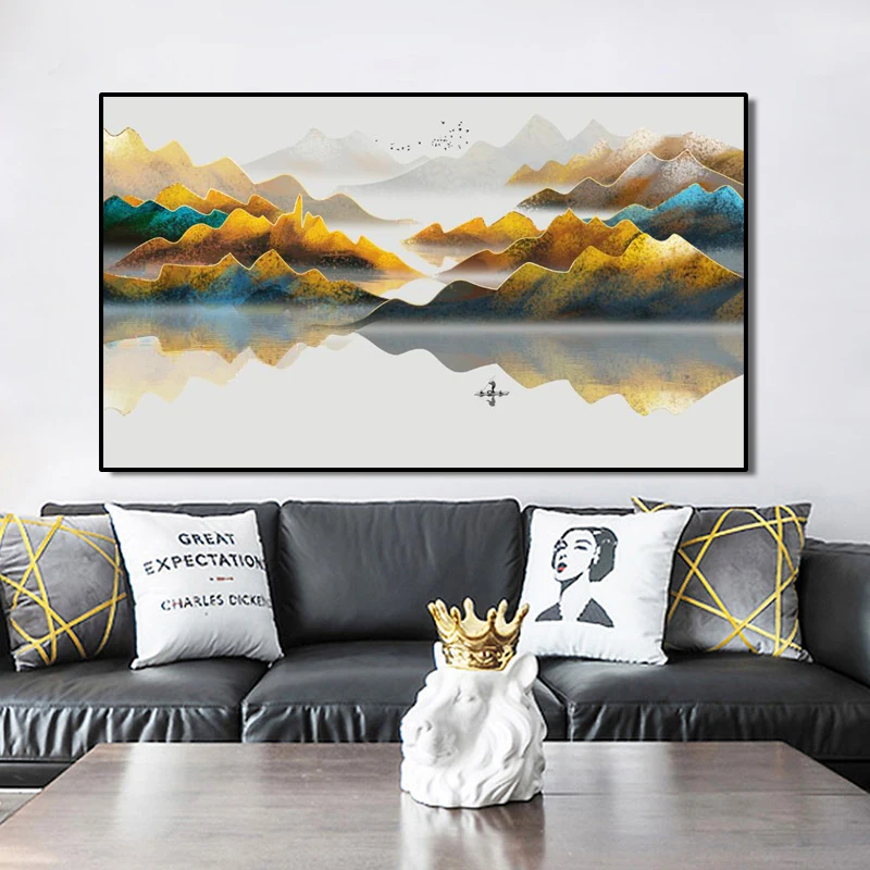 

Chinese Style Abstract Landscape Posters and Prints Wall Art Canvas Painting Golden Yellow Mountains Pictures Living Room Decor