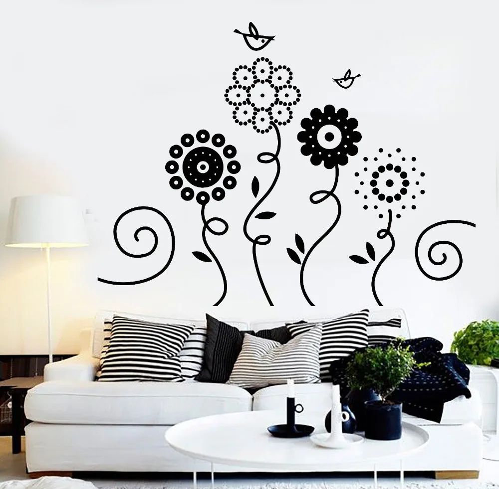 Vinyl Wall Decal Sofa Background Decoration Flowers Garden Birds Nature
