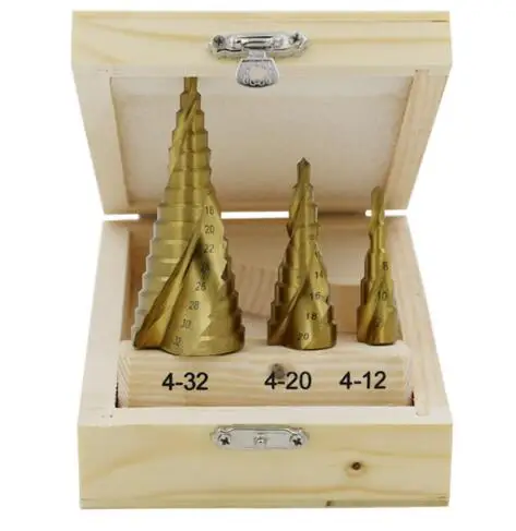 

Xtremecraft Large Step Cone HSS Steel Spiral Grooved Step Drill Bit Hole Cutter Cut Tool 4-12/20/32mm with Wood Box 3pcs/Set