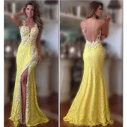 Vestidos 2018 желтый Кружево Русалка вечернее платье аппликация Разделение спинки Формальные Для женщин элегантный пользовательский