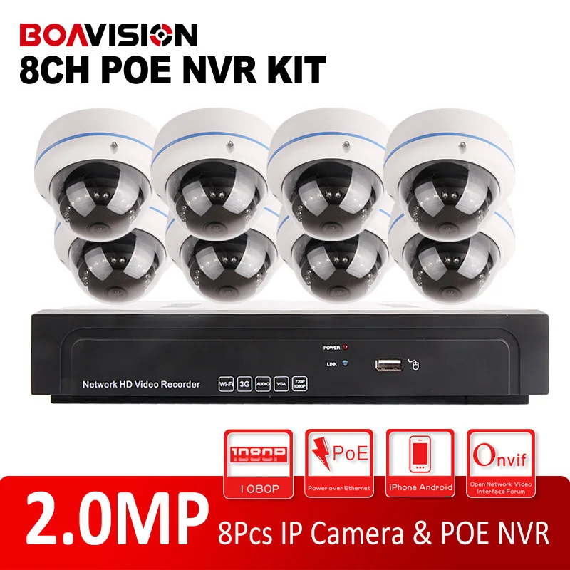 8CH 1080P NVR System With 8Pcs Outdoor Dome Waterptoof IP66 Security Network IP Camera IR 10m