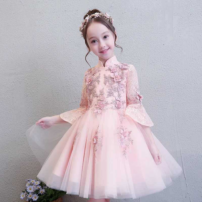 Элегантное свадебное платье для девочек бисерные Аппликации Тюль вечерние платье принцессы для дня рождения с расклешенными рукавами для девочек в цветочек сначала платье для причастия