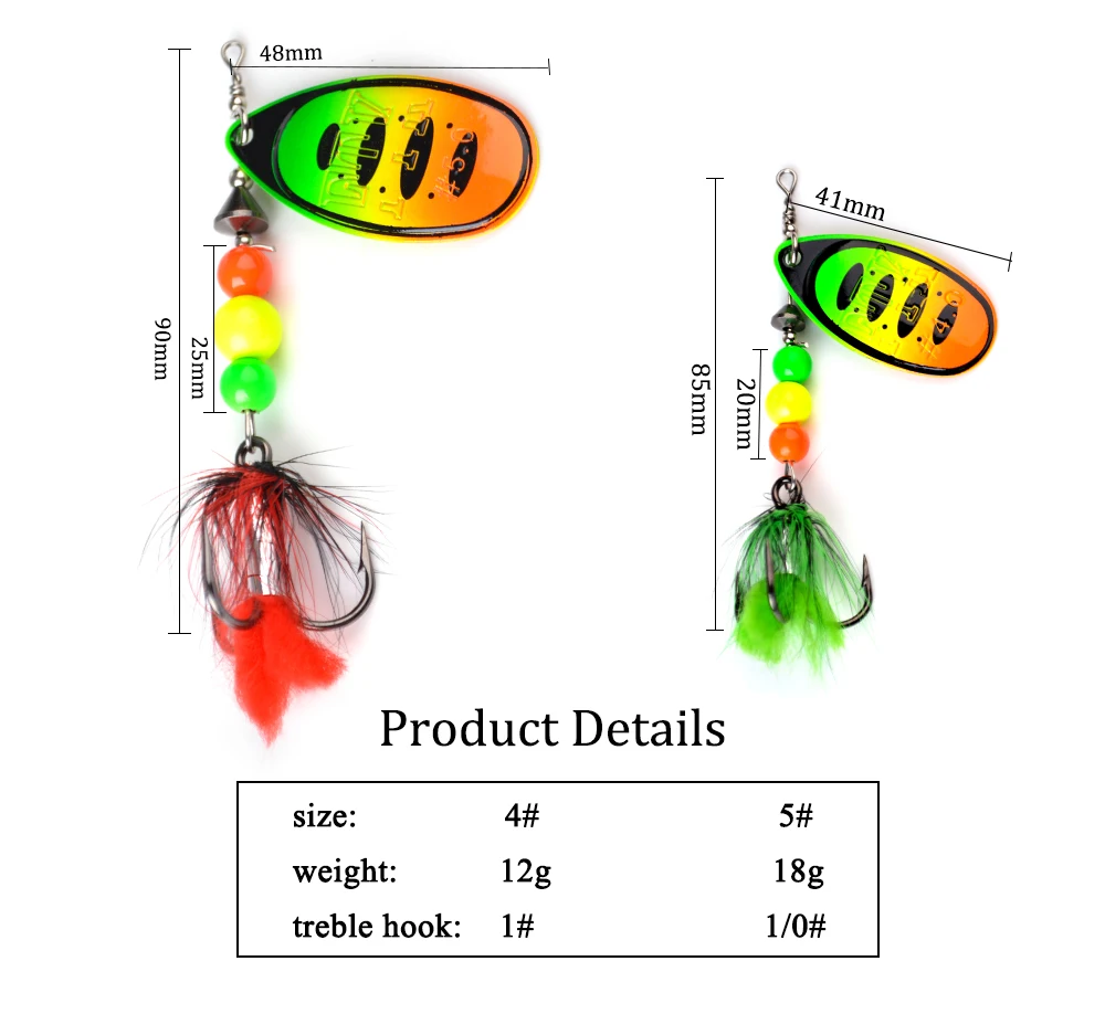 1 шт. Спиннер наживка рыболовная приманка ложка наживка 8 цветов 12 г 18 г с перьями тройными крючками 1#-1/0# воблеры Щука Металл Бас жесткая наживка