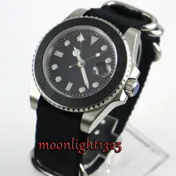 40 мм parnis черный стерильный циферблат сапфировое стекло нейлоновый ремешок керамический ободок GMT Дата автоматические мужские часы