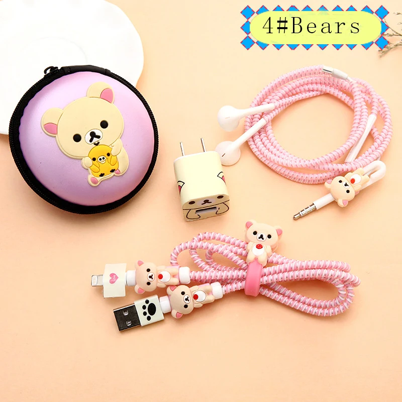 RACAHOO Cartoon USB Cable Earphone Protector Case Set With Cable Winder Stickers Spiral Cord Protector For iphone 5 6 6s 7plus4