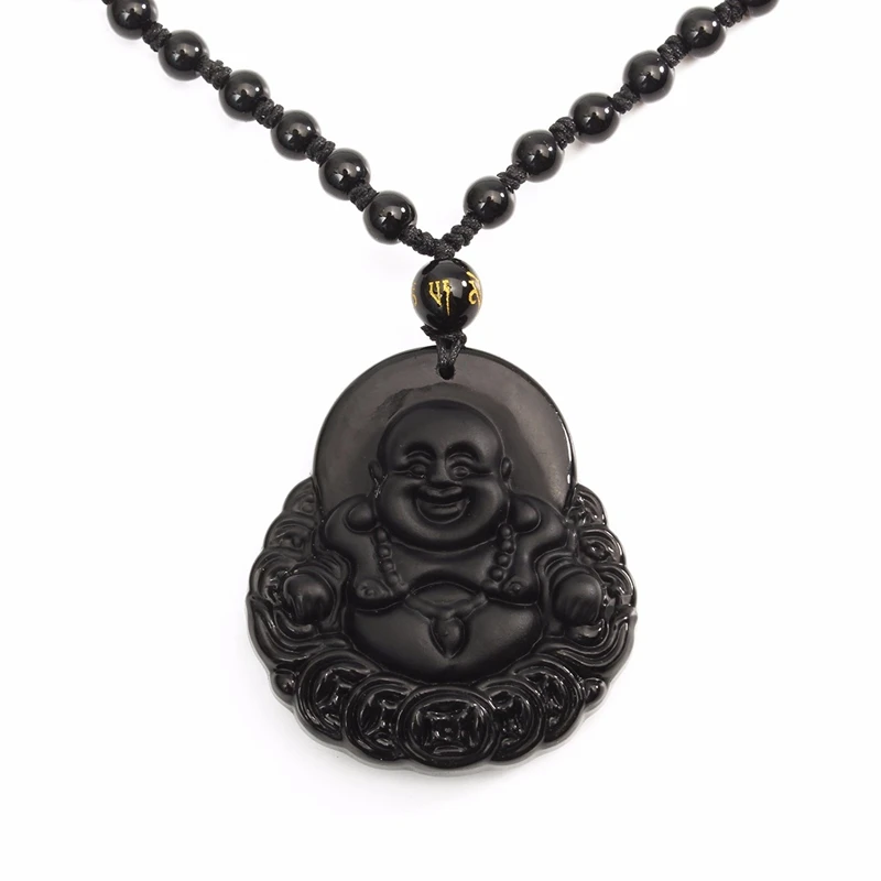 KiWarm модный натуральный обсидиан ручной резной Smile Maitreya кулон Будды с бесплатными