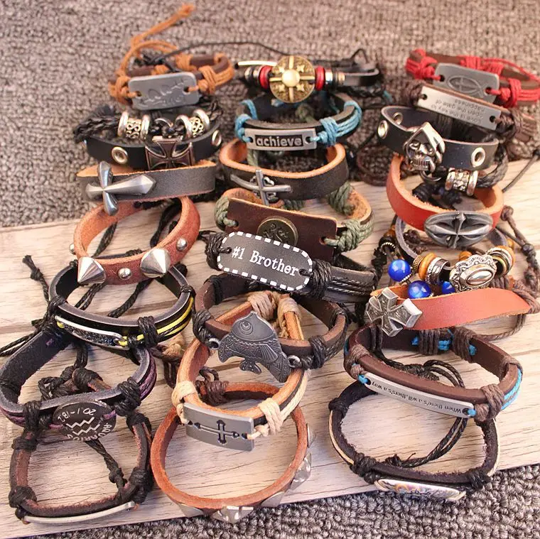 

Wholesale Bulk Lots 30pcs Leather Cuff Men's Bracelets Mix Styles Retro Vintage Tribal Quality surfer Fashion bangle wristband