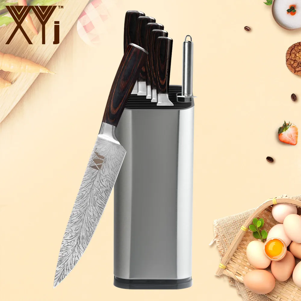 

XYj 8pcs Cooking Tool Set Stainless Steel 7cr17 Blade Damascus Veins Color Wood Handle Knives Kitchen Accessory Home Gadgets