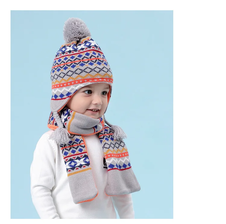 Детская вязаная шапка шарф Дети зима теплая шапка ухо защиты детей уха Защитите Кепки тепло свитера для мальчиков зимние Кепки шарфы b-9487