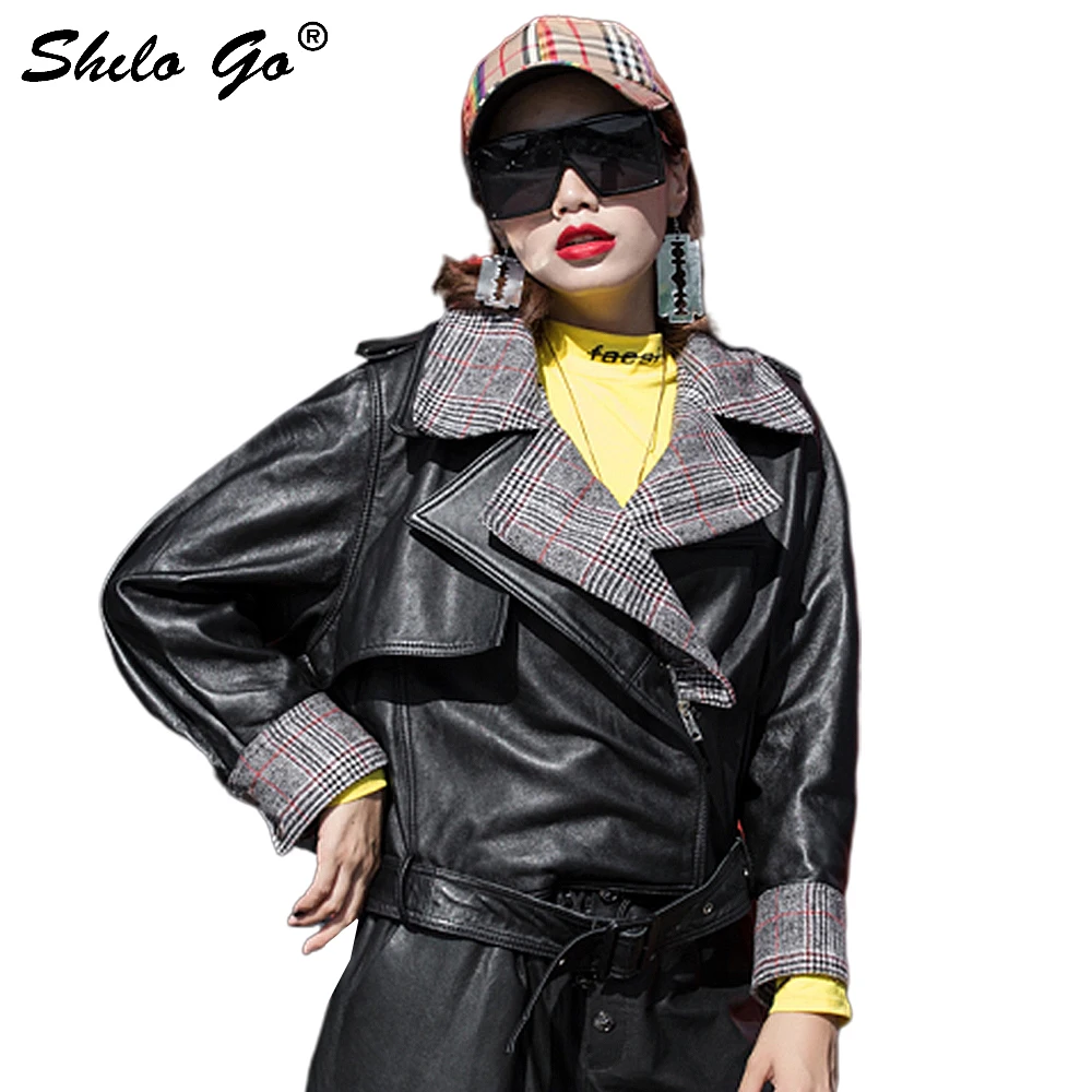 

Streetwear Leather Jacket Women Casual Turn Down Plaid Wool Spliced Sheepskin Genuine Leather Coat Oversize BF Female Outwear