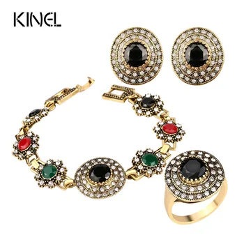 

Fashion Vintage Engagement Bridesmaid Jewelry Set Round Crystal Gold Color Earring Ring Bracelet For Women Sets