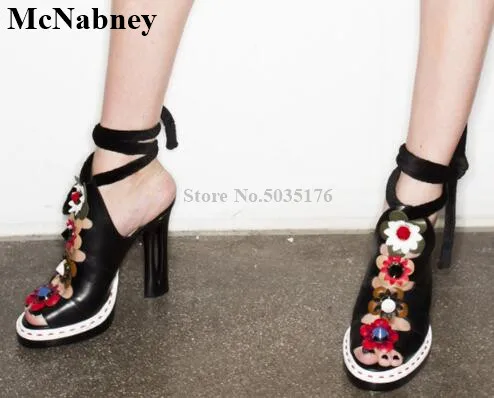 

Summer New fashion Thick High Heel Flower Peep Toe Sandals Ankle Strap Waterproof Platform Lace-Up Sandals Slippers Women Shoes