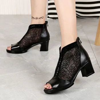 

Nice Quality Genuine Leather+Mesh Breathable Women's Shoes Peep Toe Thick Heel Hard-Wearing & Anti-skid Women'S Sandals Female