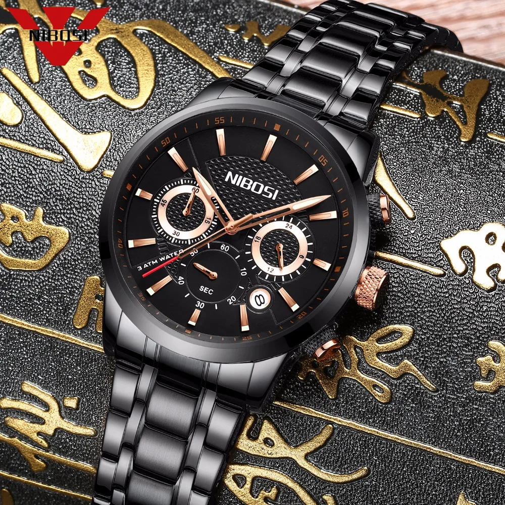NIBOSI Watches Men Stainless Quartz Wristwatch Military Chronograph Clock Male Fashion Sport Watch