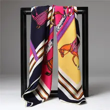 Твил шелковый шарф для женщин Модный платок с принтом лошади квадратные шарфы 100*100 см Шаль Обертывание евро роскошный бренд головной хиджаб шарф