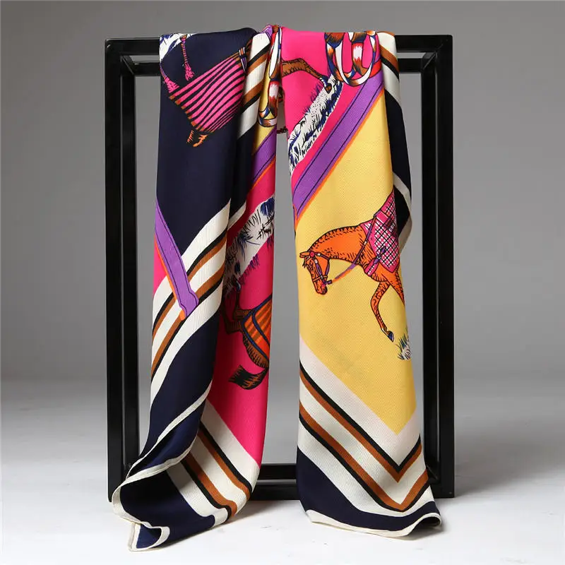 

100% Twill Silk Scarf Women Fashion Foulard Horse Print Square Scarves 100*100CM Shawl Wrap Euro Luxury Brand Head Hijab Scarf
